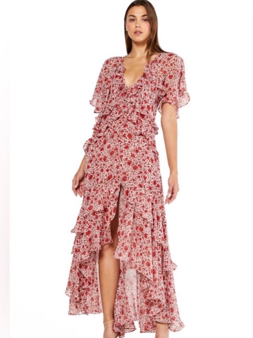 MISA LOS ANGELES Floral Red Ruffle Maxi Dress